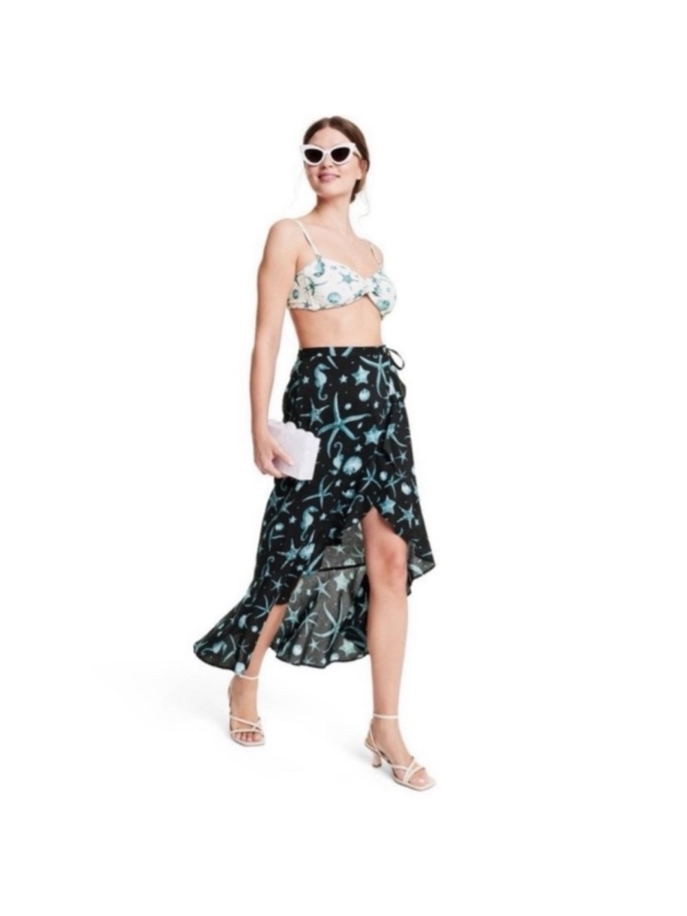 Agua Bendita Black Swim Sarong with Teal Sea Life Print